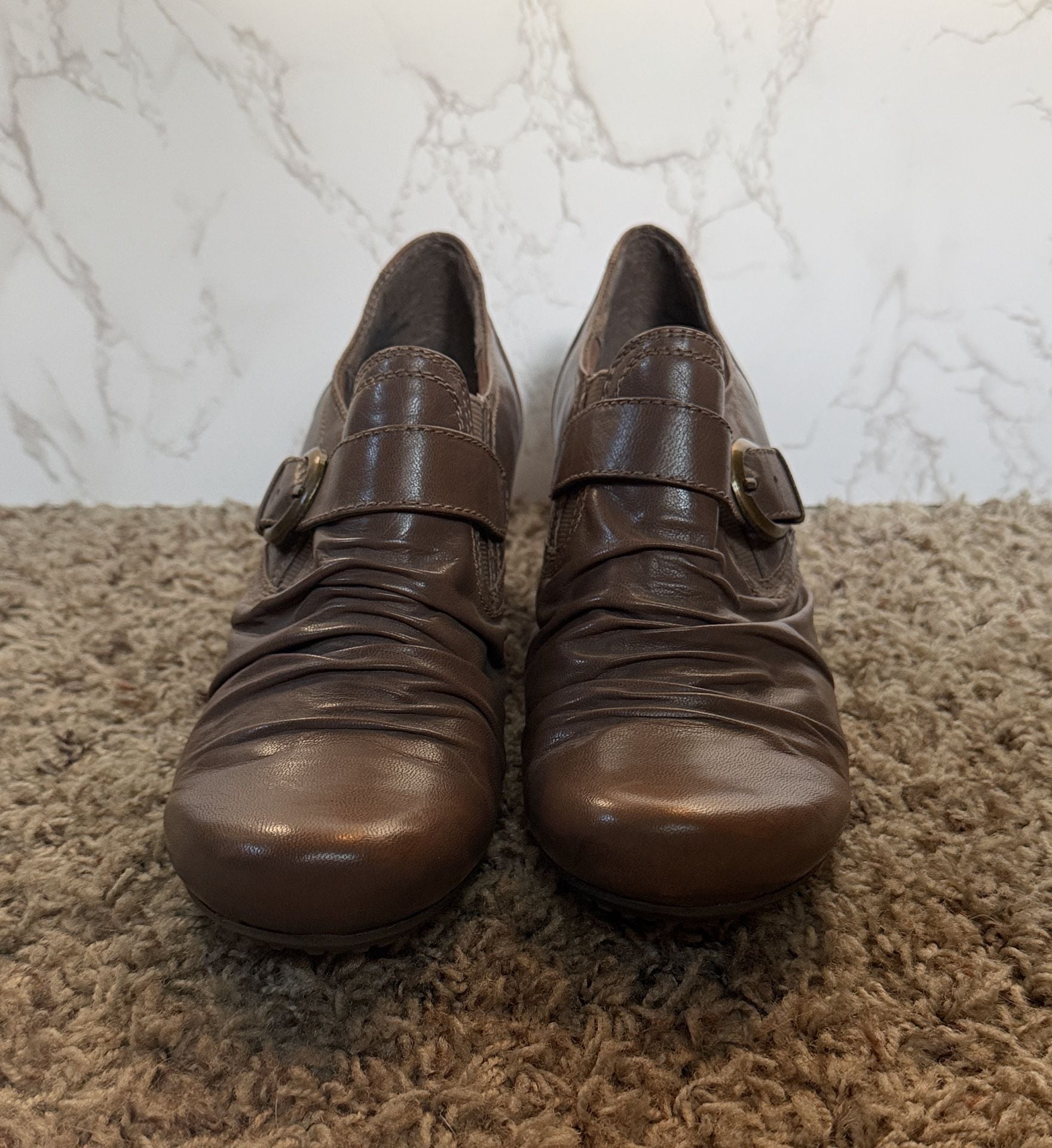 Bare Traps Heeled Booties Brown Ruched Buckle Shoes 4