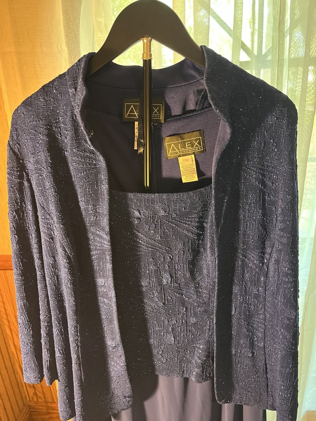 Alex Evenings Dress Set Size 12 Navy Blue Glitter Jacket Long 2
