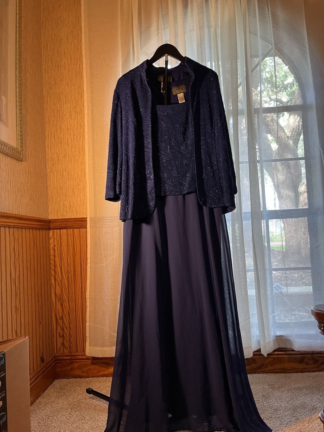 Alex Evenings Dress Set Size 12 Navy Blue Glitter Jacket Long 1