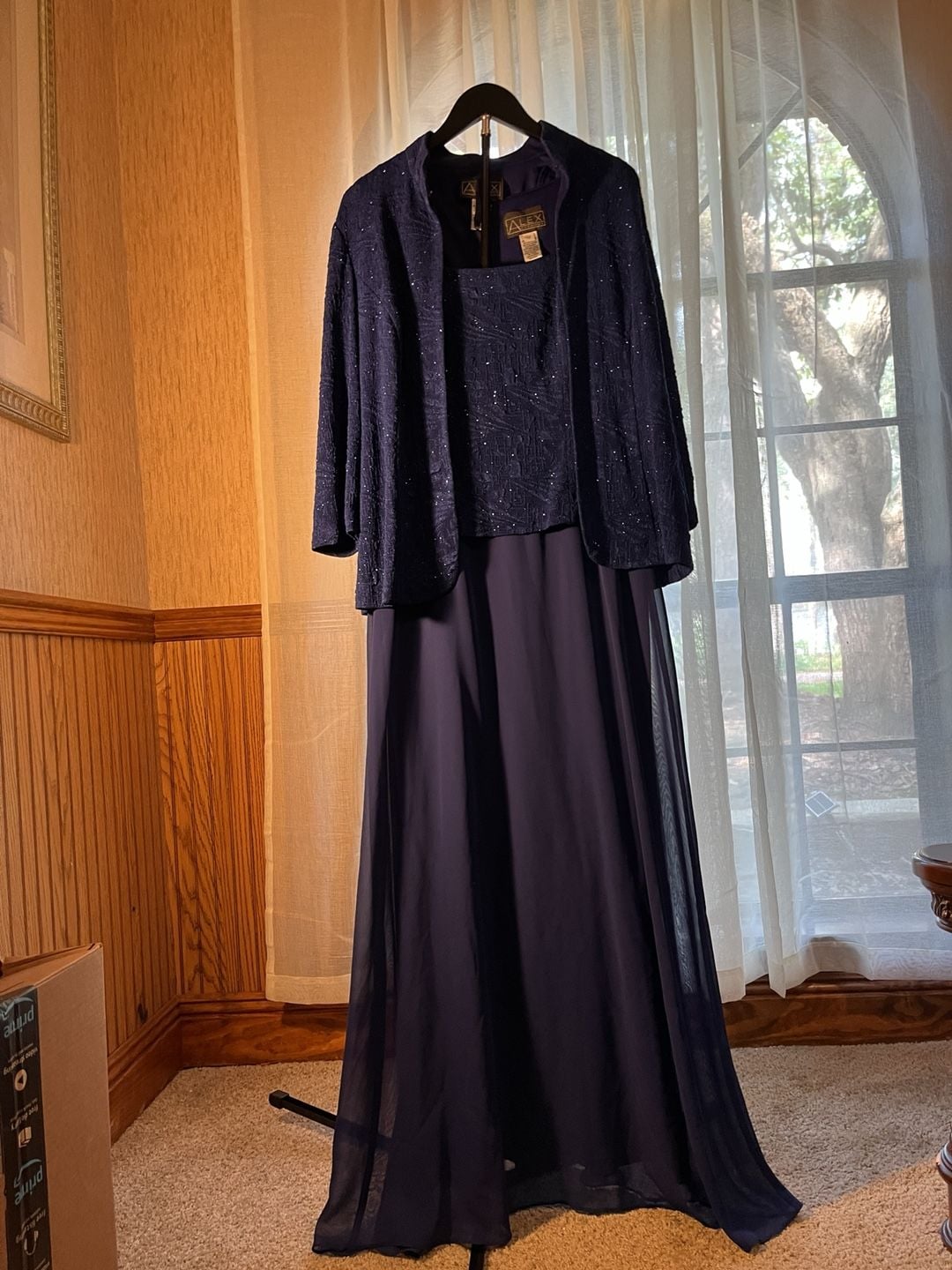 Alex Evenings Dress Set Size 12 Navy Blue Glitter Jacket Long 3