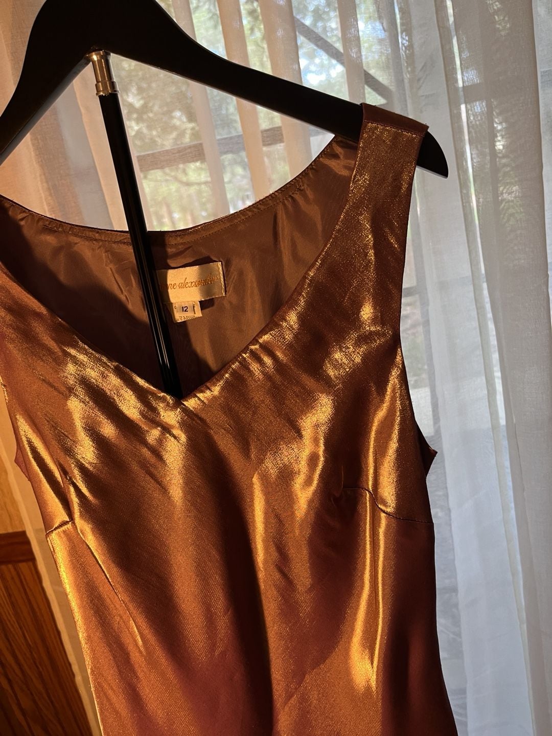 Jeanne Alexander Dress Size 12 Brown Metallic Satin Sleeveless 13