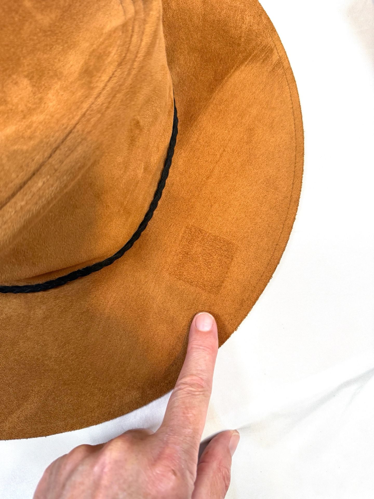 San Diego Hat Company Women's Wide Brim Hat OS Americana Heritage Indie Boho Cottage-Glam Tan Camel Faux Suede Fedora Floppy Braided Cord Band Western Spot Clean 4