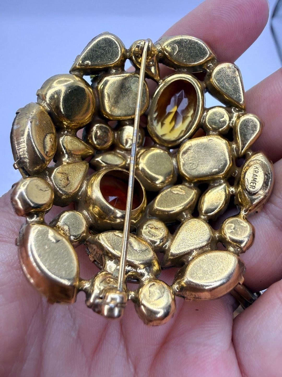 Vintage Kramer Rhinestone Cluster Brooch Amber Topaz Toned 8