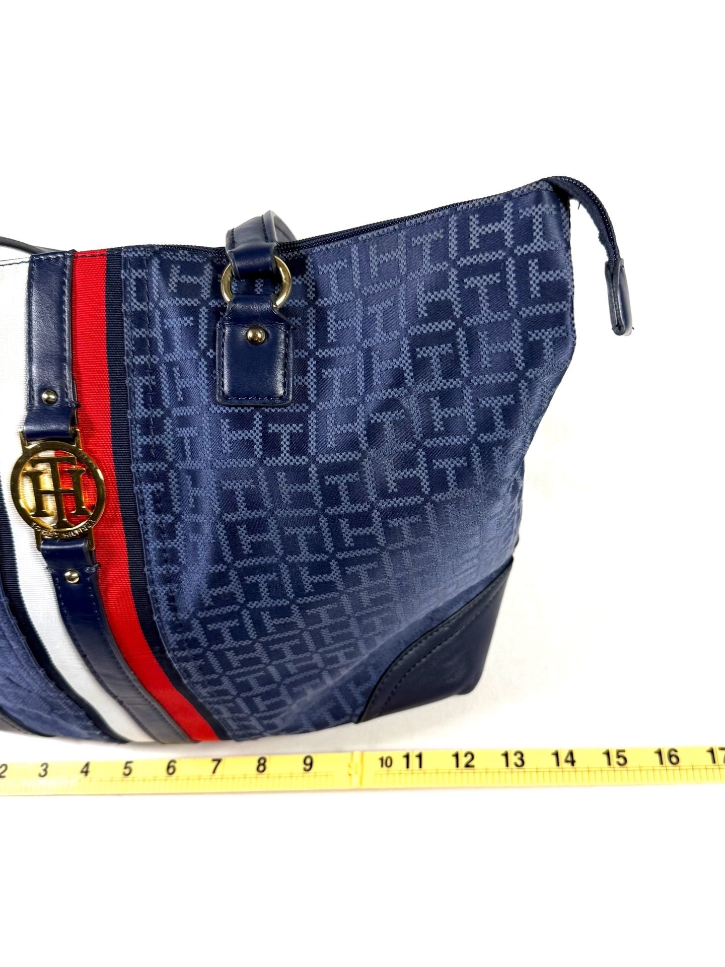 Tommy Hilfiger Women's Tote Bag Large Old Money Preppy Americana Heritage Nautical Navy Blue Monogram Jacquard Red White Stripe Gold TH Medallion Zip Top Shoulder Bag 3