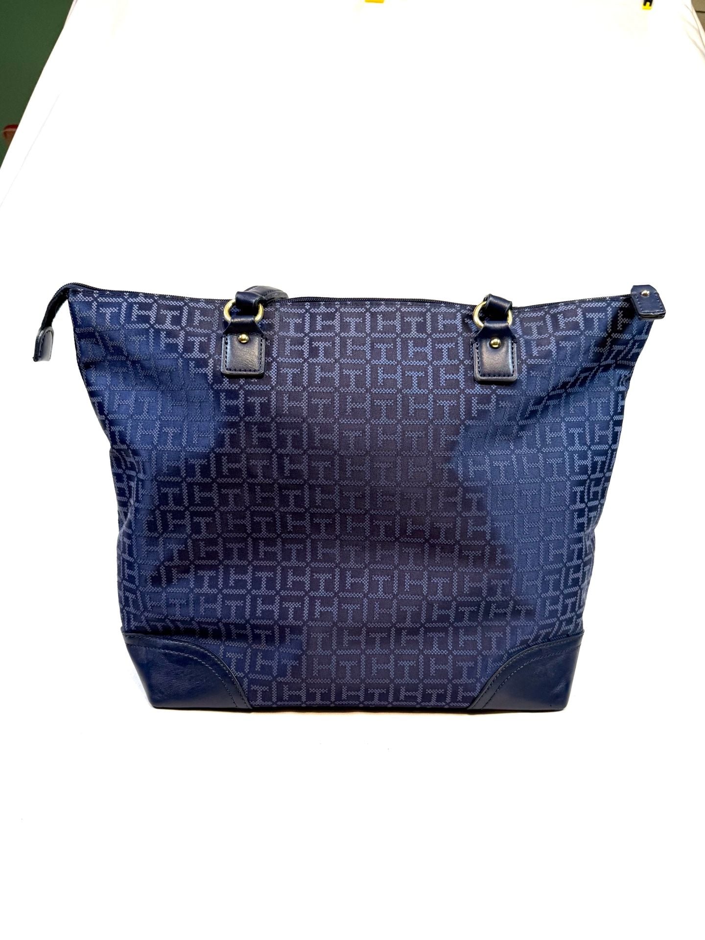 Tommy Hilfiger Women's Tote Bag Large Old Money Preppy Americana Heritage Nautical Navy Blue Monogram Jacquard Red White Stripe Gold TH Medallion Zip Top Shoulder Bag 4