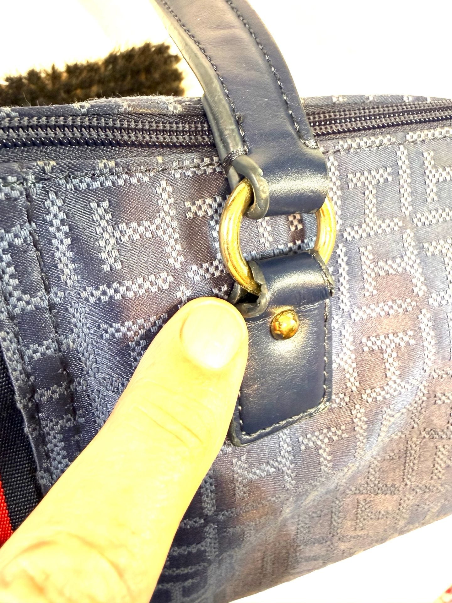 Tommy Hilfiger Women's Tote Bag Large Old Money Preppy Americana Heritage Nautical Navy Blue Monogram Jacquard Red White Stripe Gold TH Medallion Zip Top Shoulder Bag 7