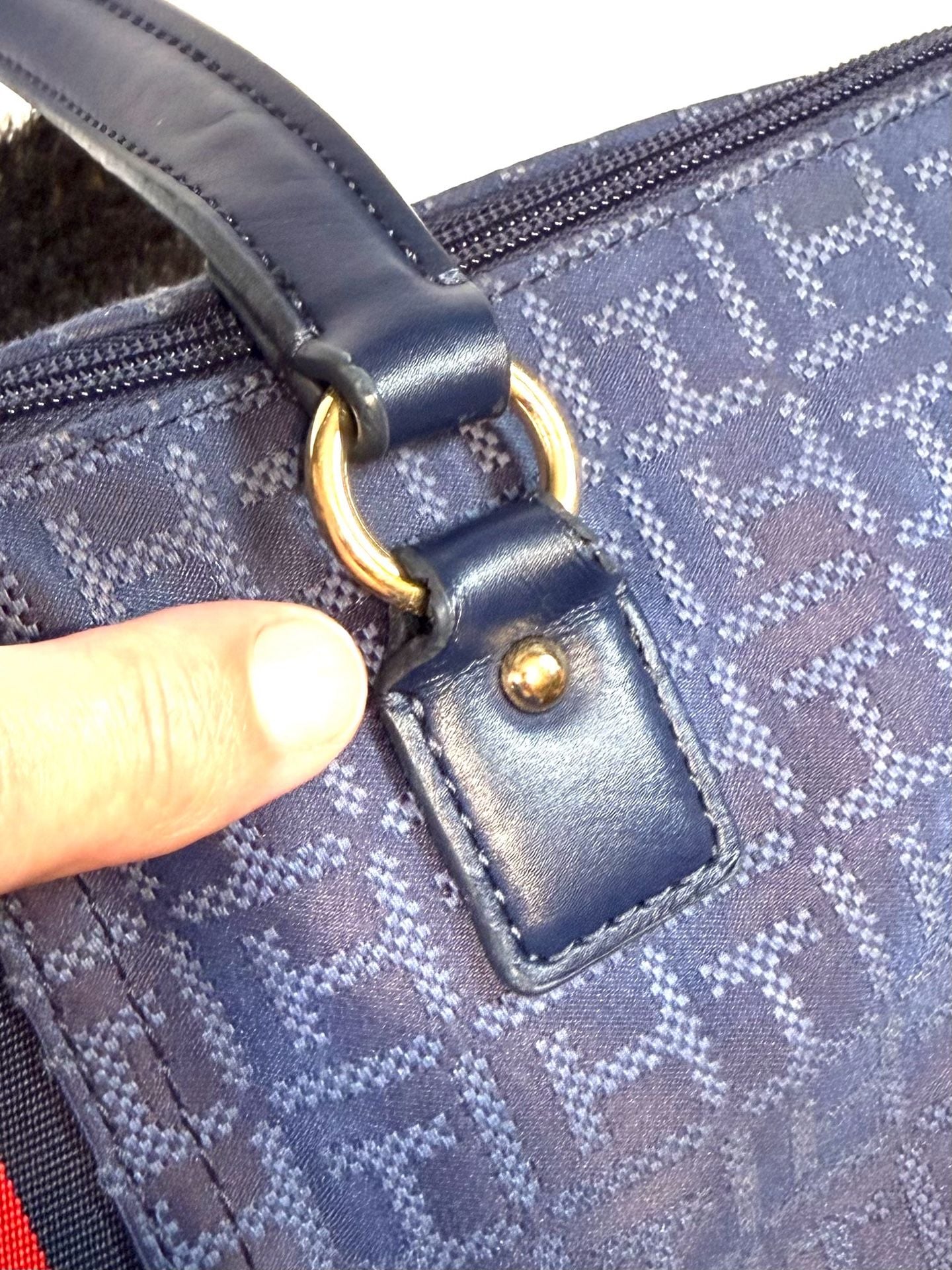 Tommy Hilfiger Women's Tote Bag Large Old Money Preppy Americana Heritage Nautical Navy Blue Monogram Jacquard Red White Stripe Gold TH Medallion Zip Top Shoulder Bag 10