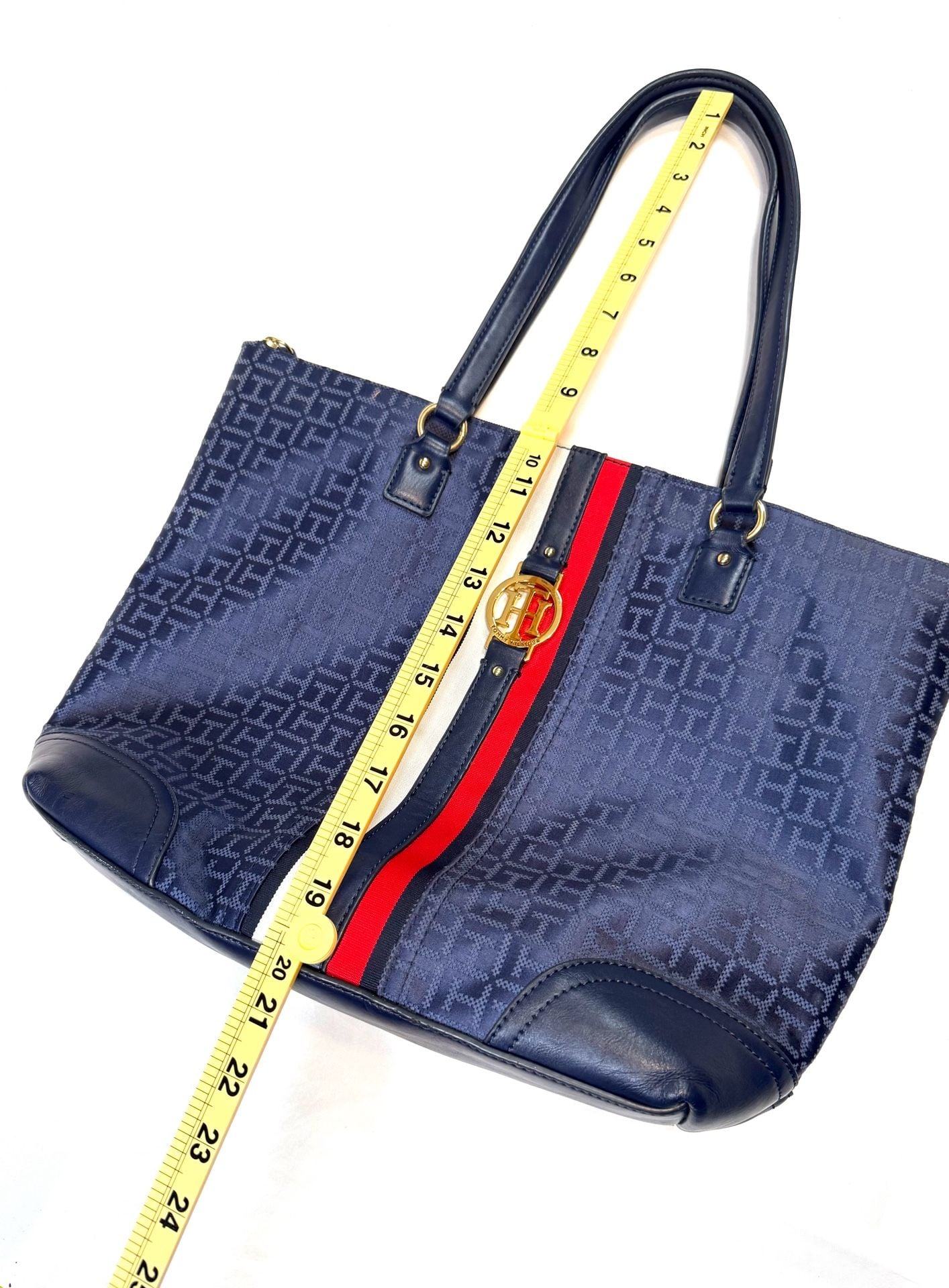 Tommy Hilfiger Women's Tote Bag Large Old Money Preppy Americana Heritage Nautical Navy Blue Monogram Jacquard Red White Stripe Gold TH Medallion Zip Top Shoulder Bag 14