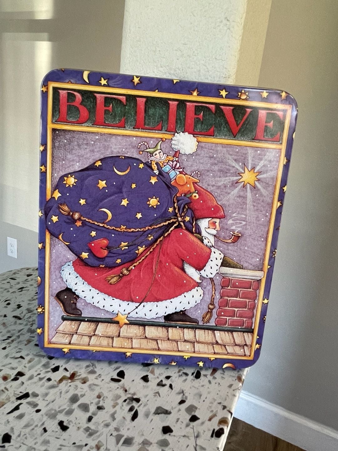 Mary Engelbreit Believe Santa Metal Storage Tin Box Vintage 1