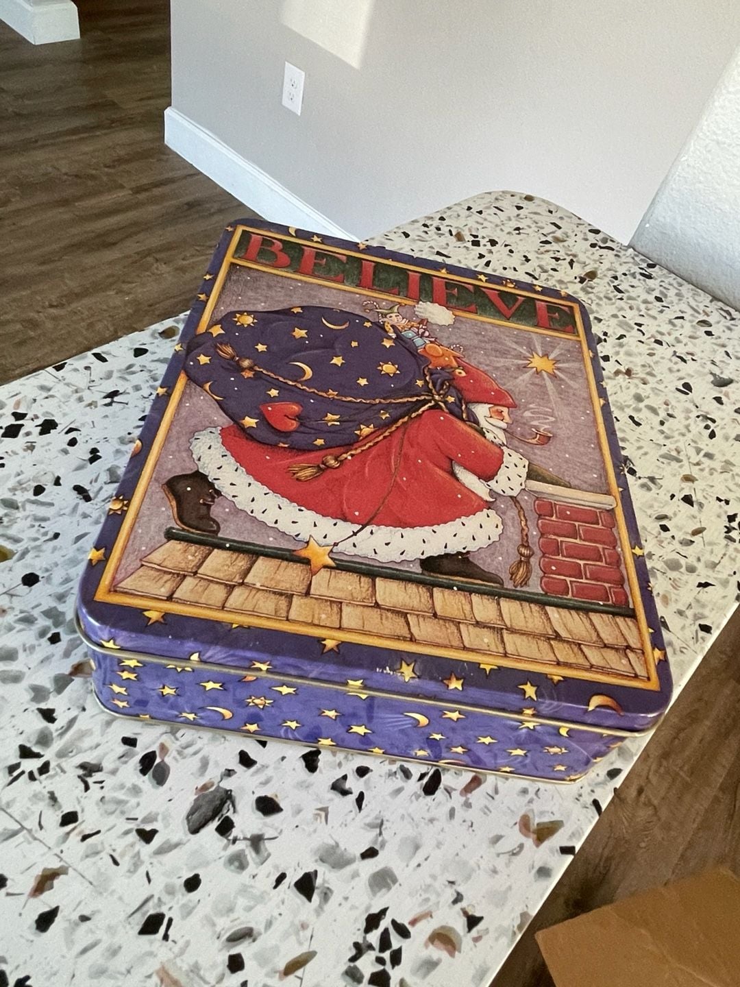 Mary Engelbreit Believe Santa Metal Storage Tin Box Vintage 2
