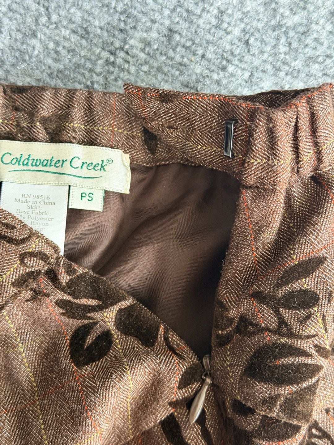 Cold water Creek Vintage Brown Flocked Floral Midi Skirt 11