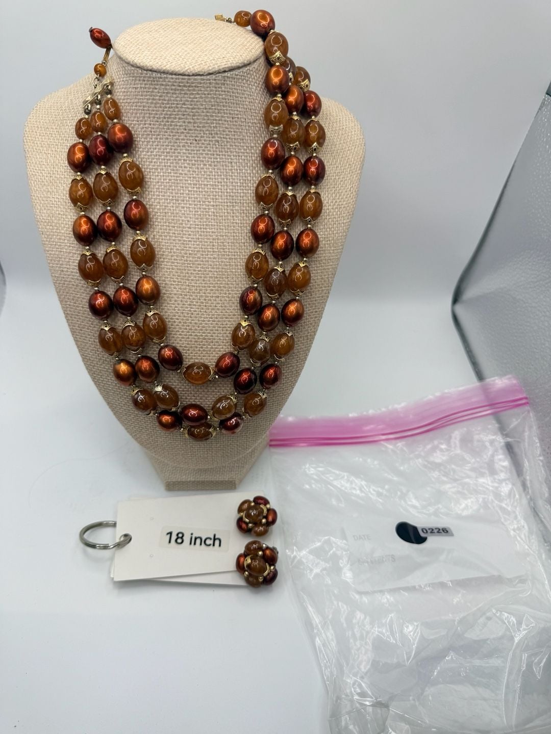 Vintage Hong Kong Three Strand Faux Pearl Necklace 11