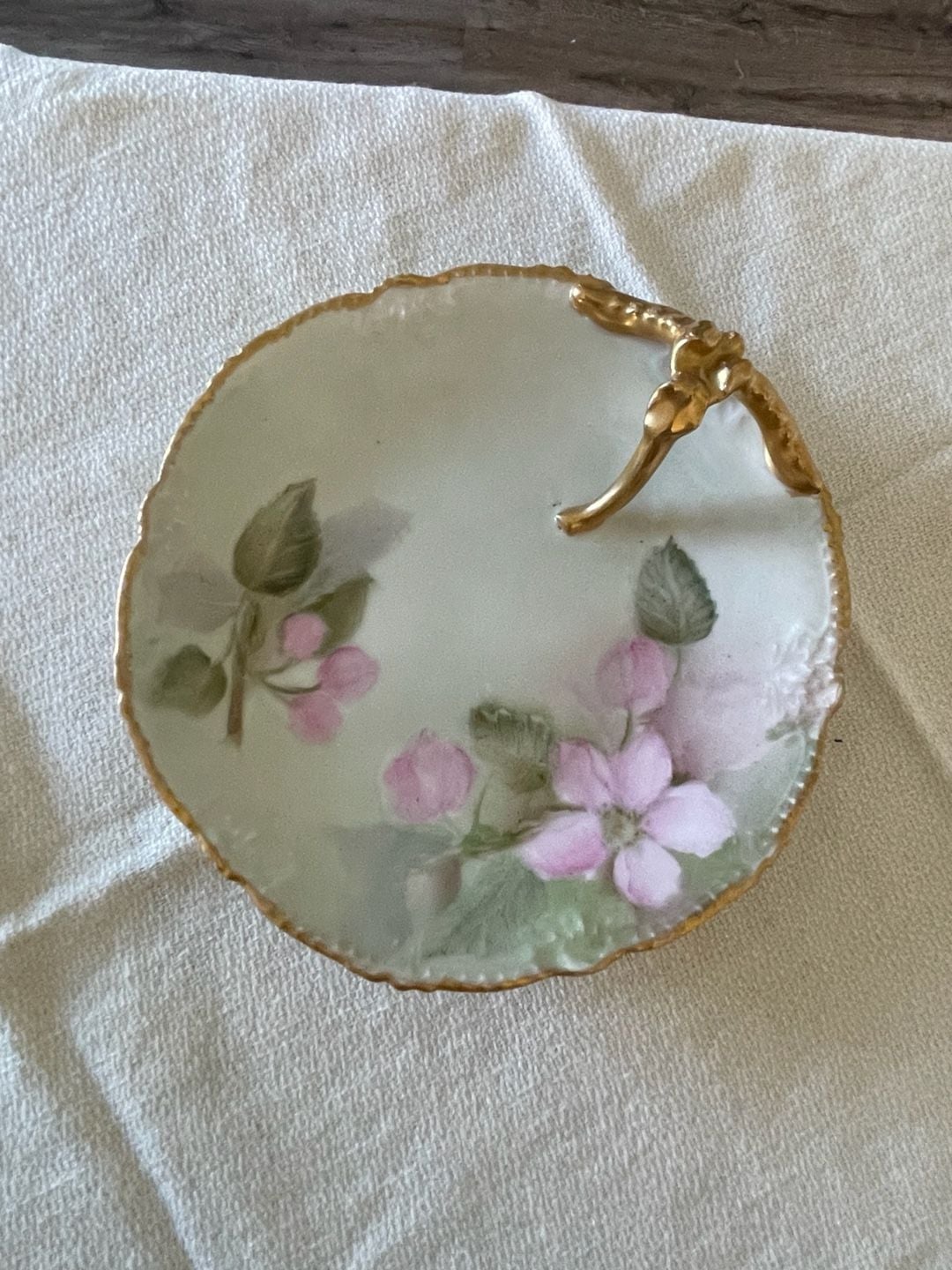 T&V Limoges Hand Painted Floral Nappy Dish with Gold Handle 1