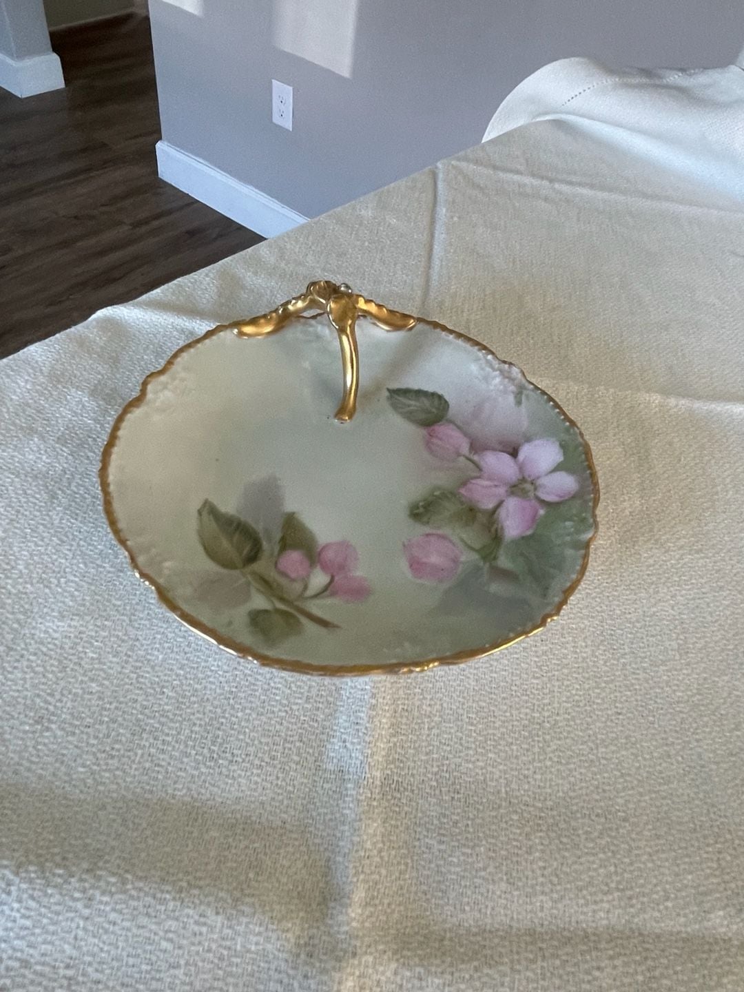 T&V Limoges Hand Painted Floral Nappy Dish with Gold Handle 2