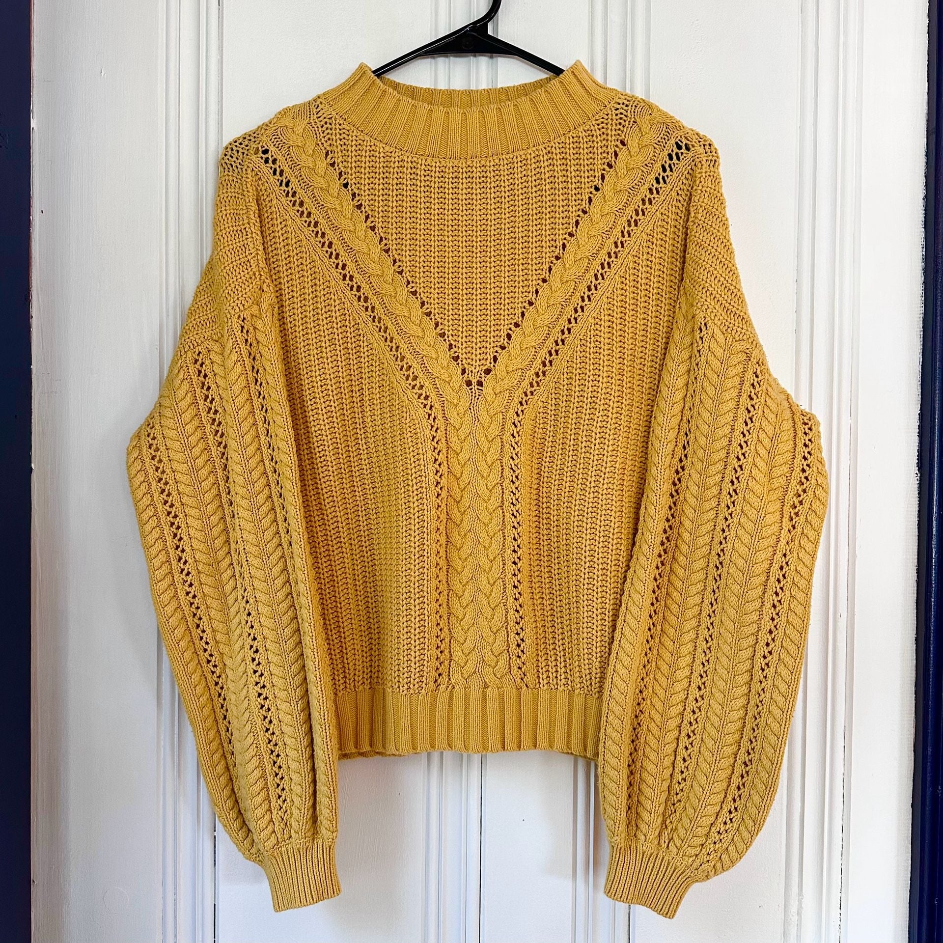Marled Reunited Womens Sweater, Medium Yellow Cable Knit 2