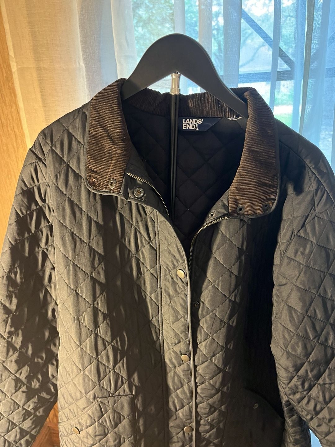 Lands' End Quilted Jacket BrownishBlack Corduroy Collar 3