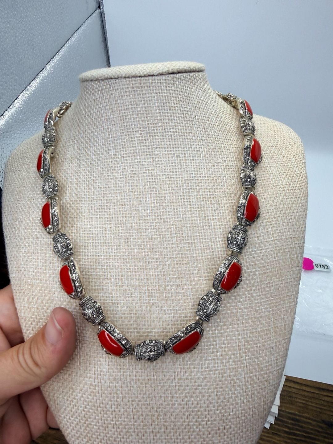 Vintage Red Stone Marcasite Silvertone Statement Necklace 2