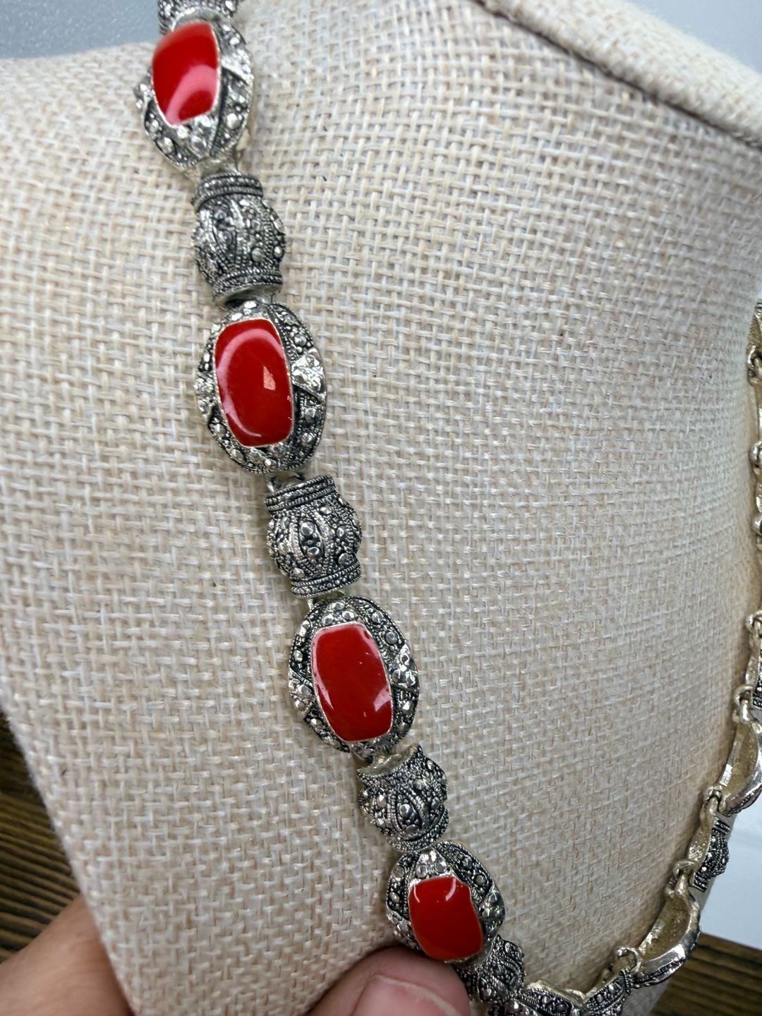 Vintage Red Stone Marcasite Silvertone Statement Necklace 3