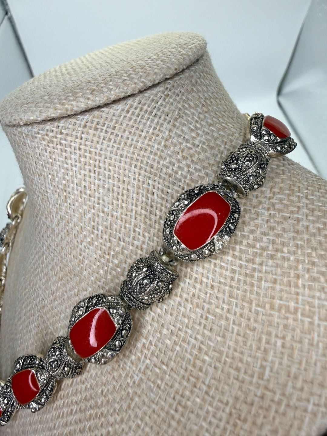 Vintage Red Stone Marcasite Silvertone Statement Necklace 4
