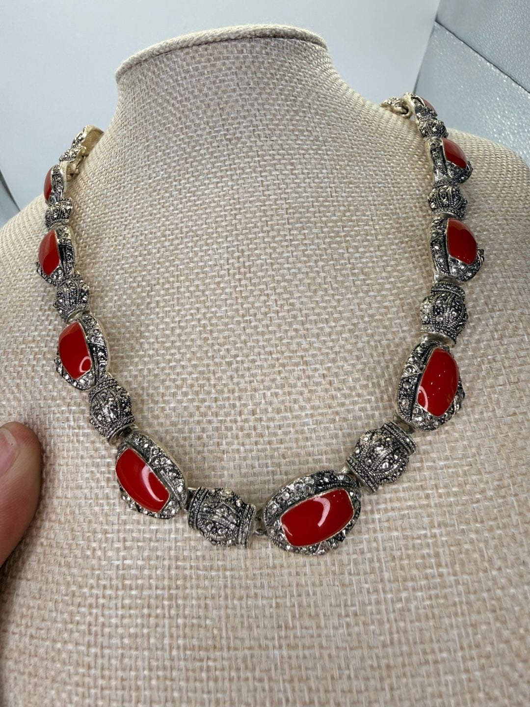 Vintage Red Stone Marcasite Silvertone Statement Necklace 5