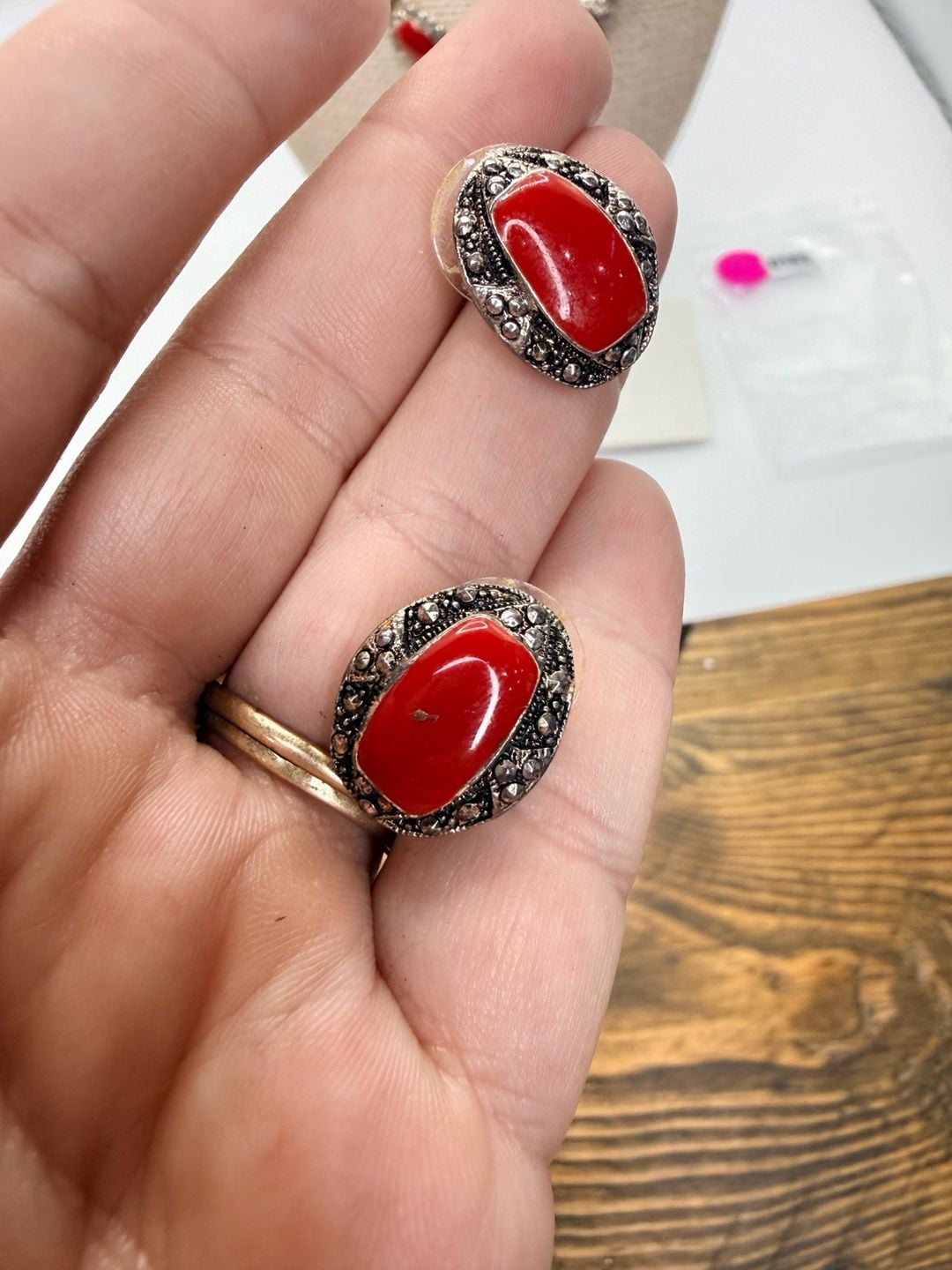 Vintage Red Stone Marcasite Silvertone Statement Necklace 6