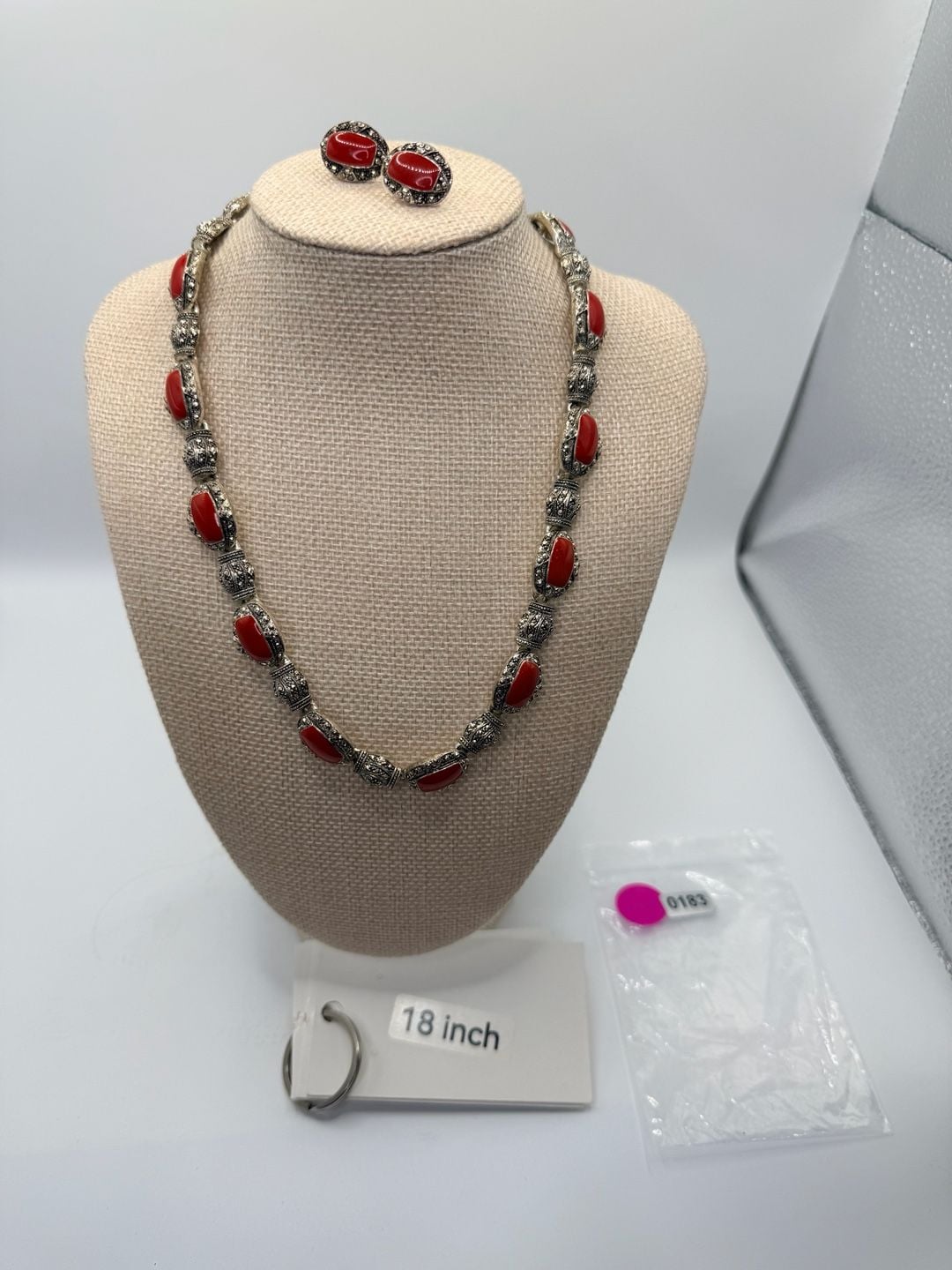Vintage Red Stone Marcasite Silvertone Statement Necklace 8