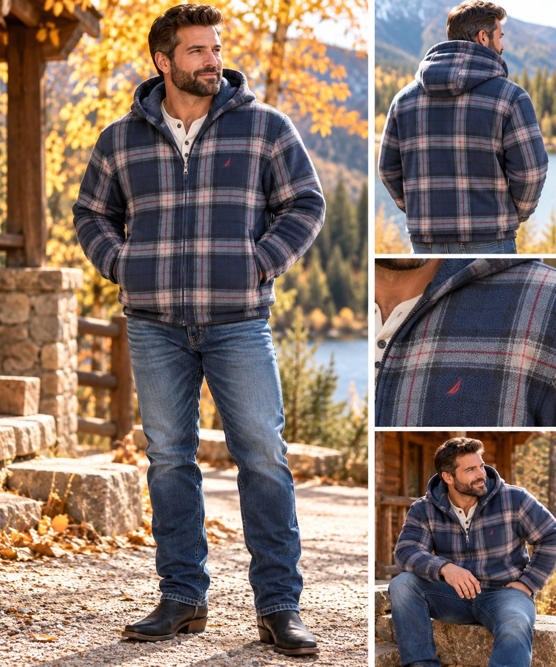 Nautica Plaid Fleece Zip-Up Hoodie Size XXL Blue Red Full Zip 2
