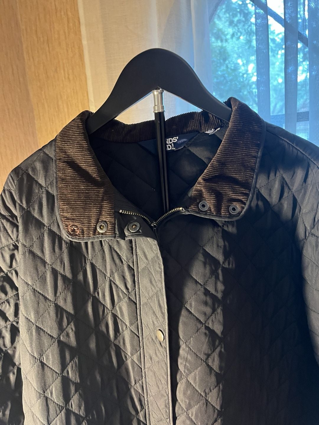 Lands' End Quilted Jacket BrownishBlack Corduroy Collar 14