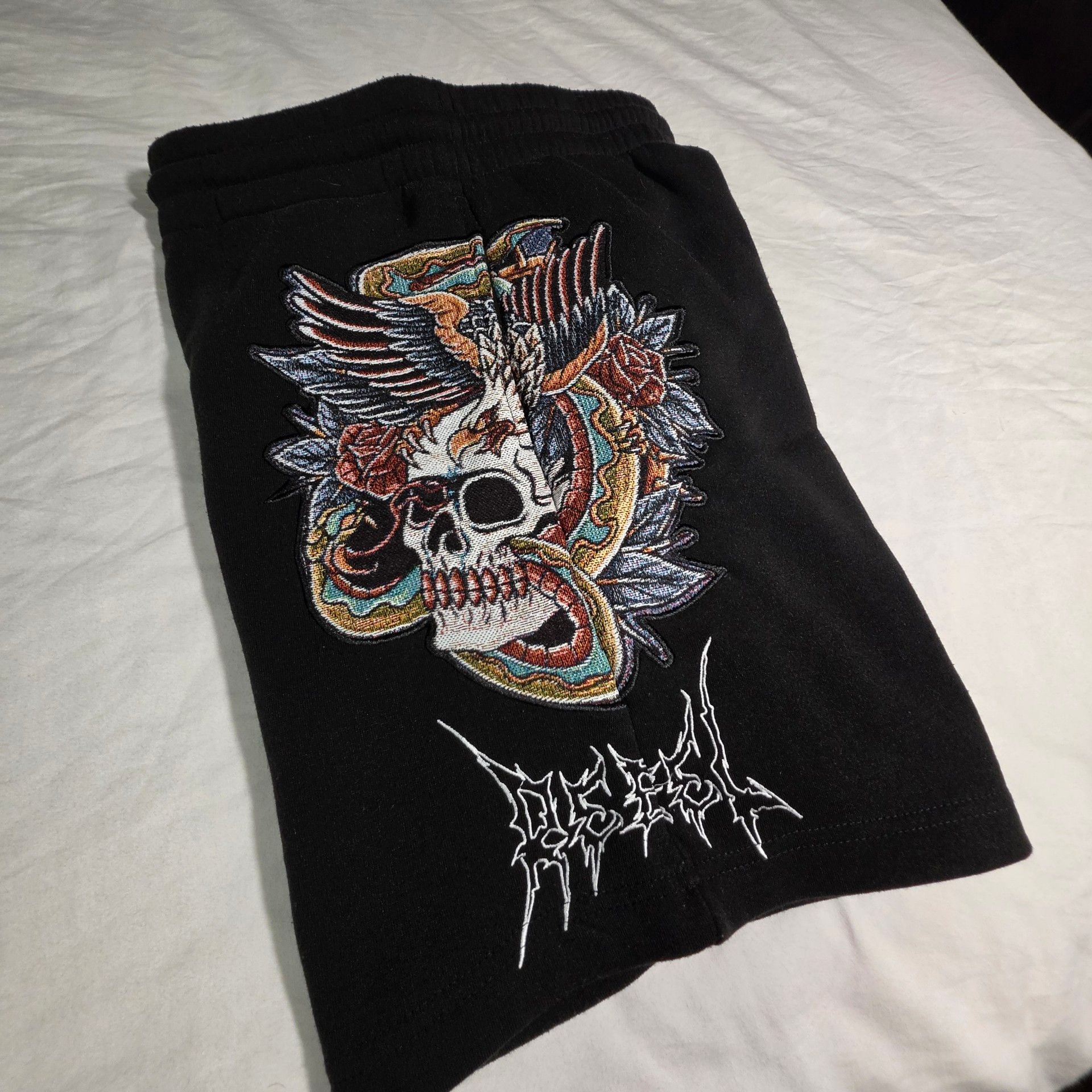 Rebel Vengeance Skull Embroidered Shorts Size M Black Polyester 1