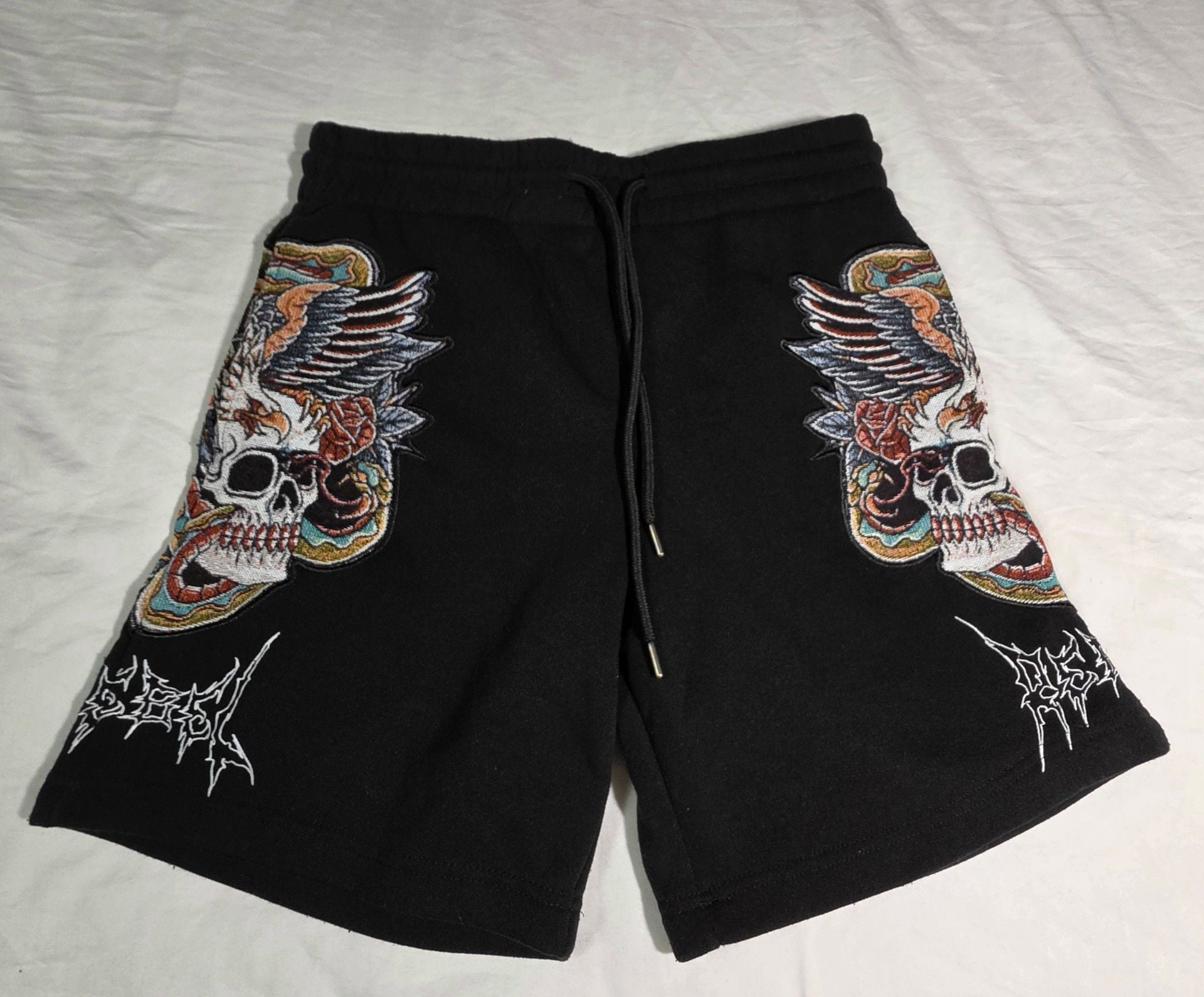 Rebel Vengeance Skull Embroidered Shorts Size M Black Polyester 2