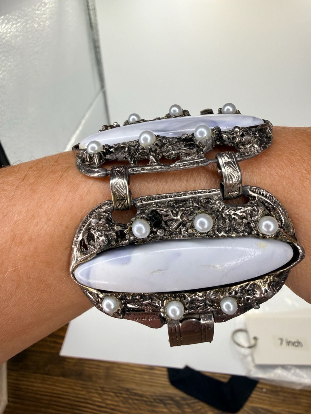 Vintage Ornate Silver Tone Faux Pearl Link Bracelet 6