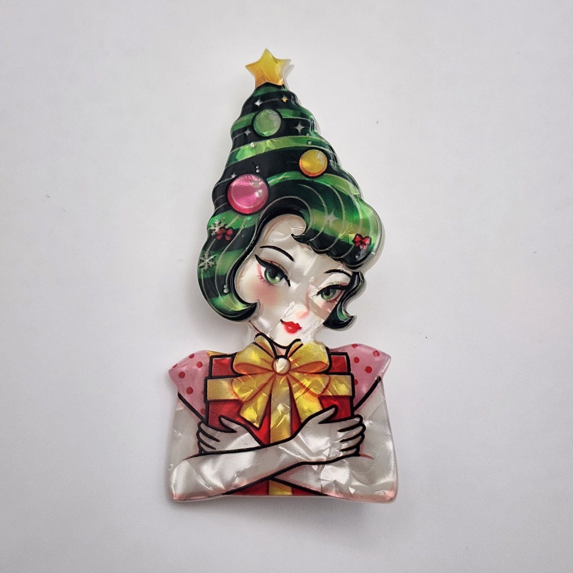 Kitsch Quirky Retro Christmas Tree Lady Statement Acrylic Brooch Pin Kawaii 2
