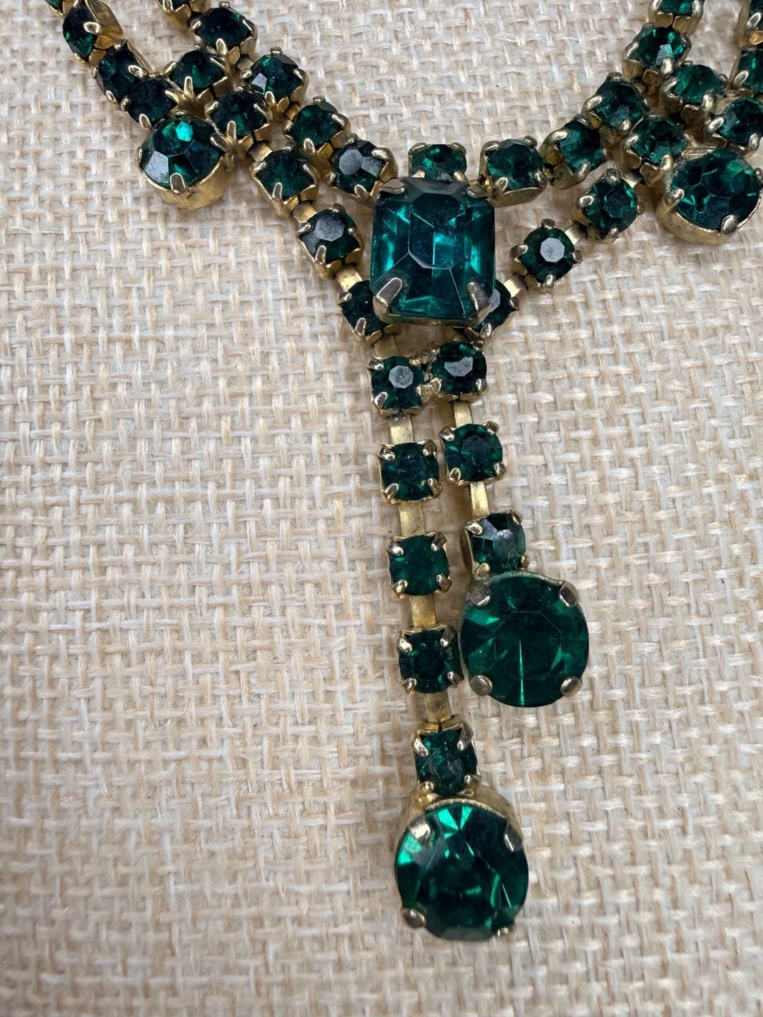 Vintage Green Rhinestone Y-Drop Statement Necklace 4