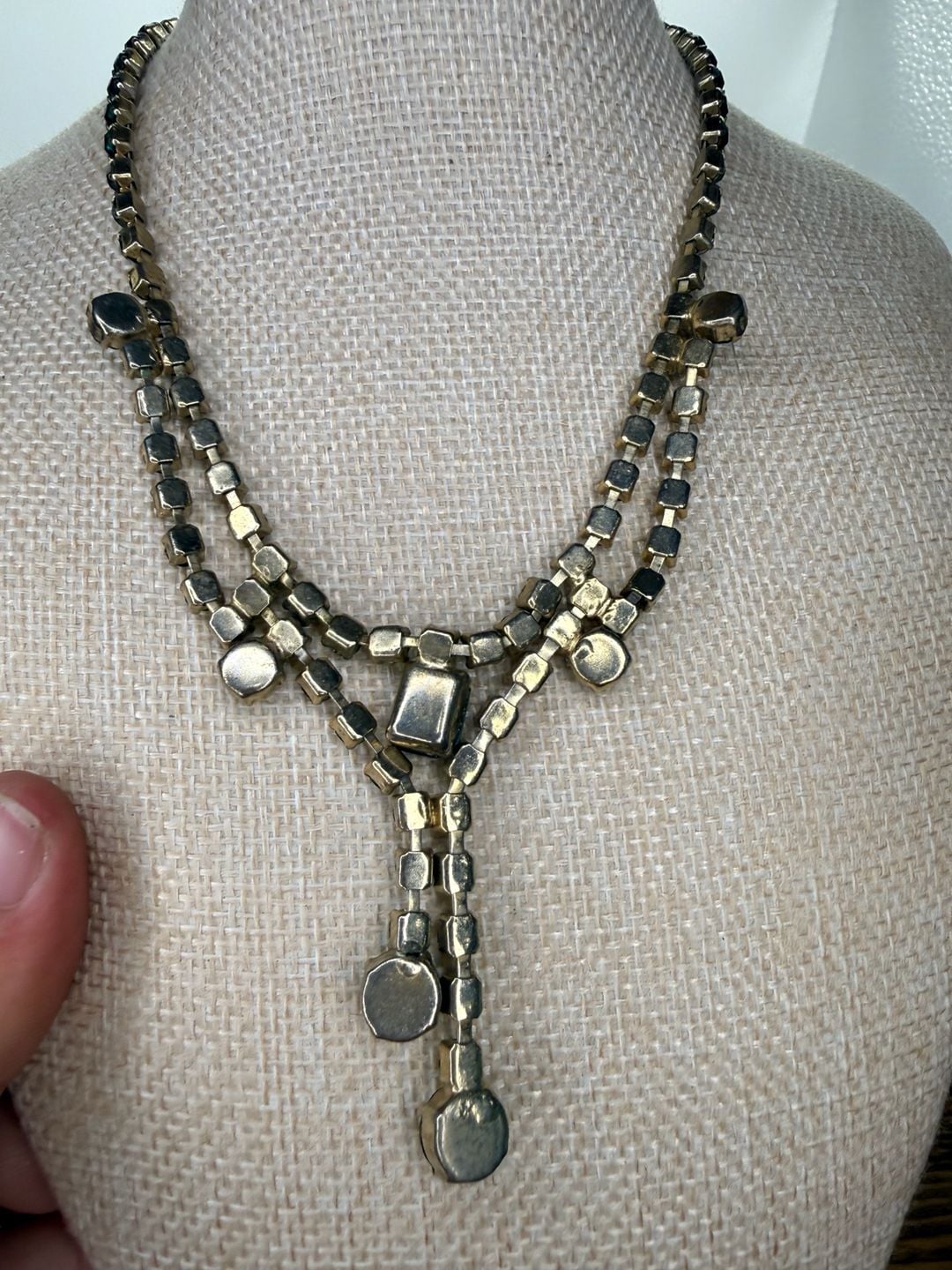 Vintage Green Rhinestone Y-Drop Statement Necklace 6