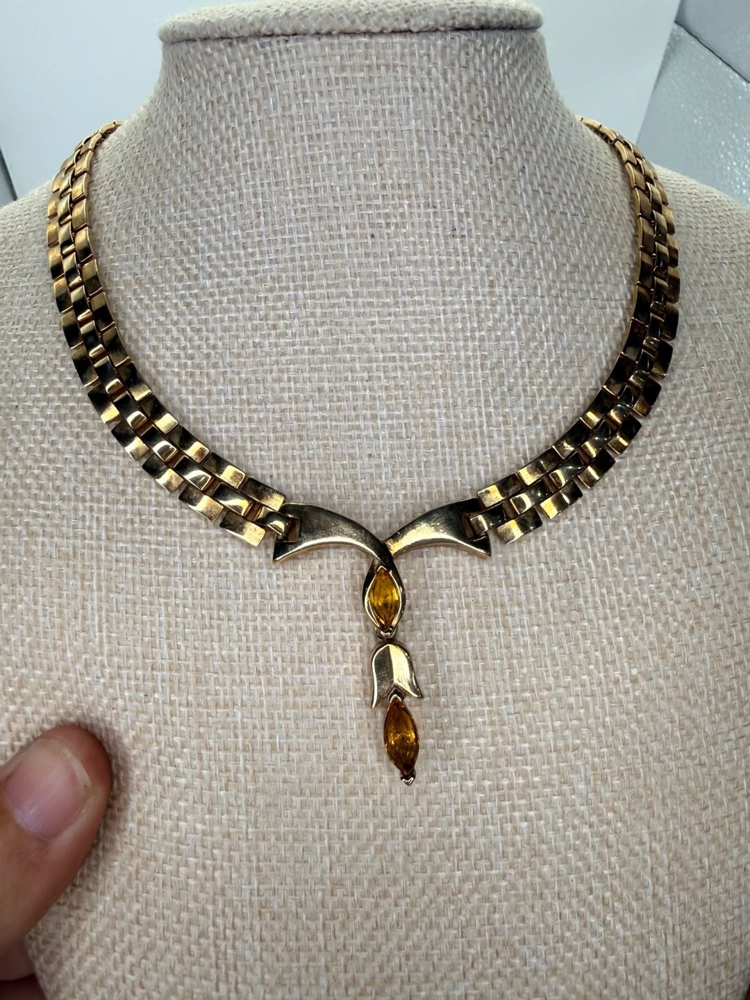 Vintage Gold Tone Amber Rhinestone Necklace Drop Collar 2
