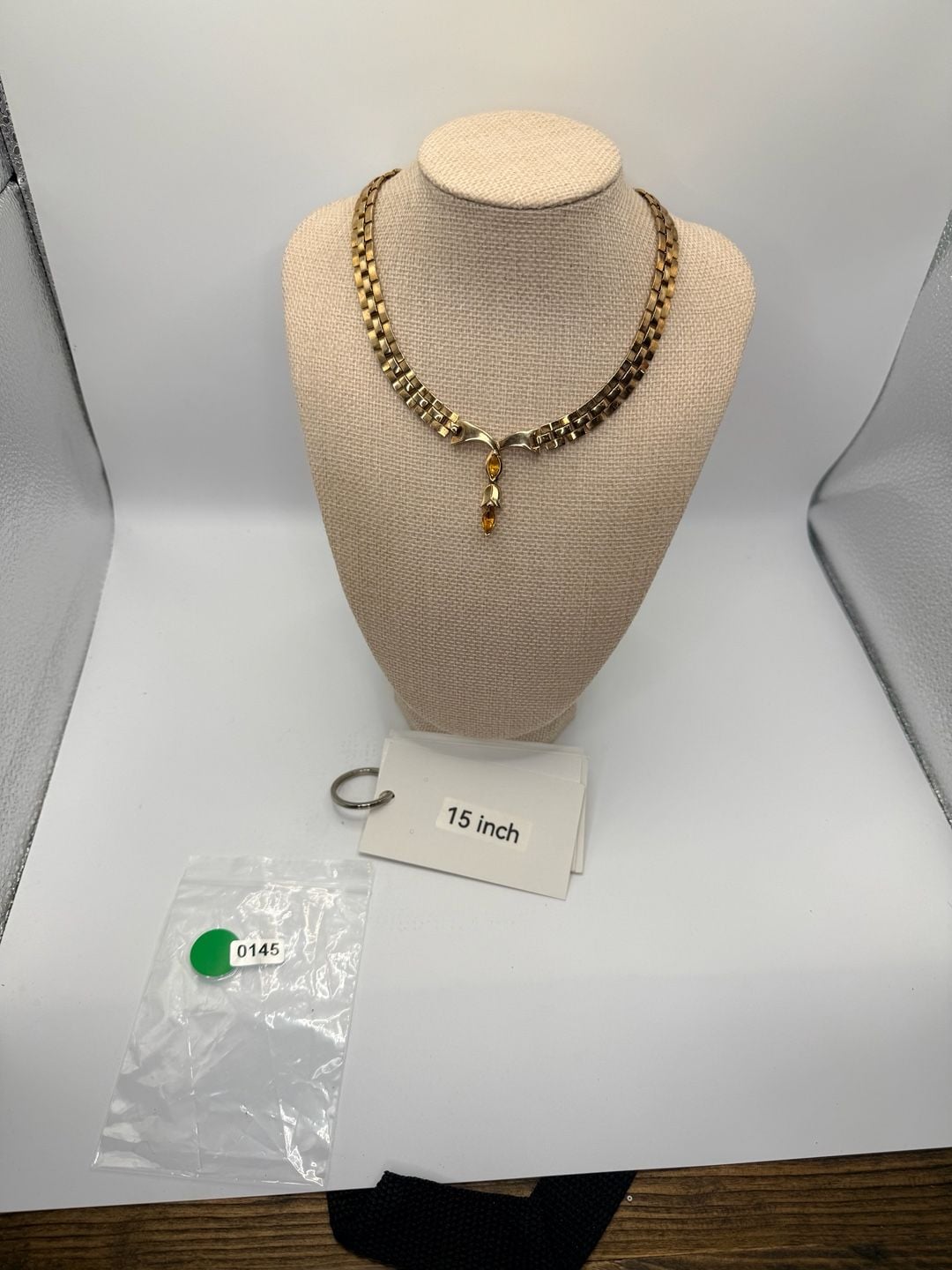 Vintage Gold Tone Amber Rhinestone Necklace Drop Collar 4