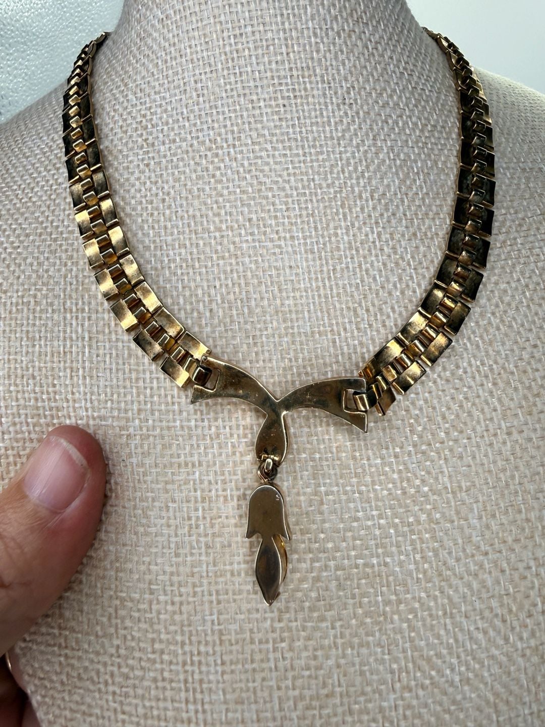 Vintage Gold Tone Amber Rhinestone Necklace Drop Collar 6