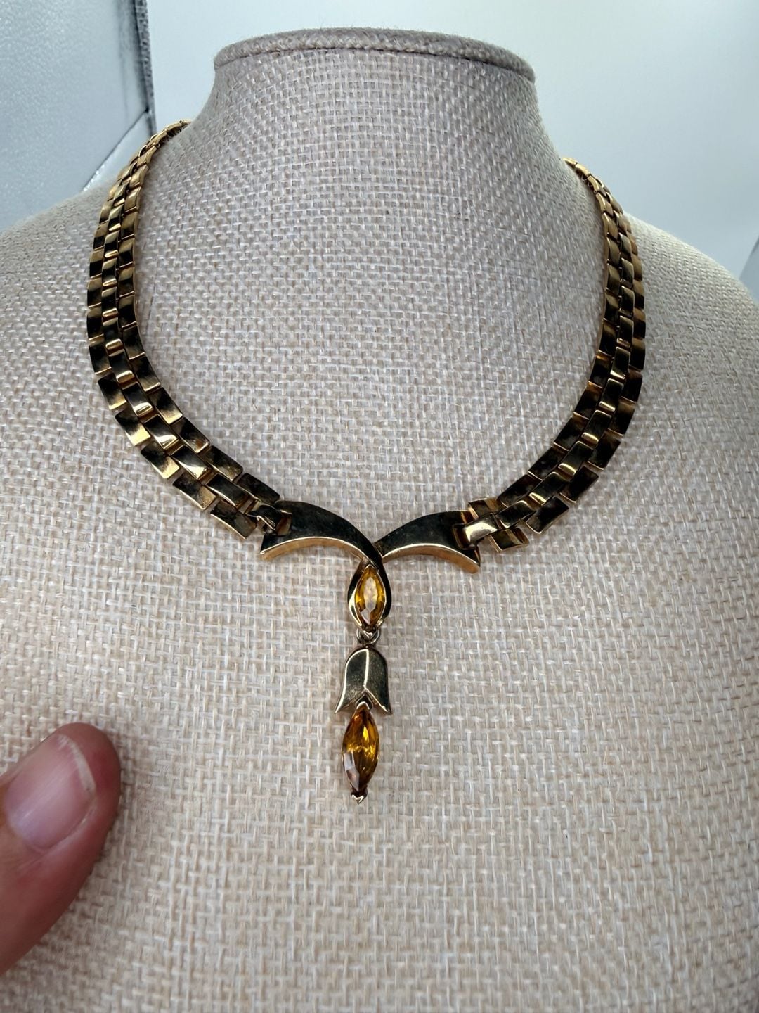Vintage Gold Tone Amber Rhinestone Necklace Drop Collar 7