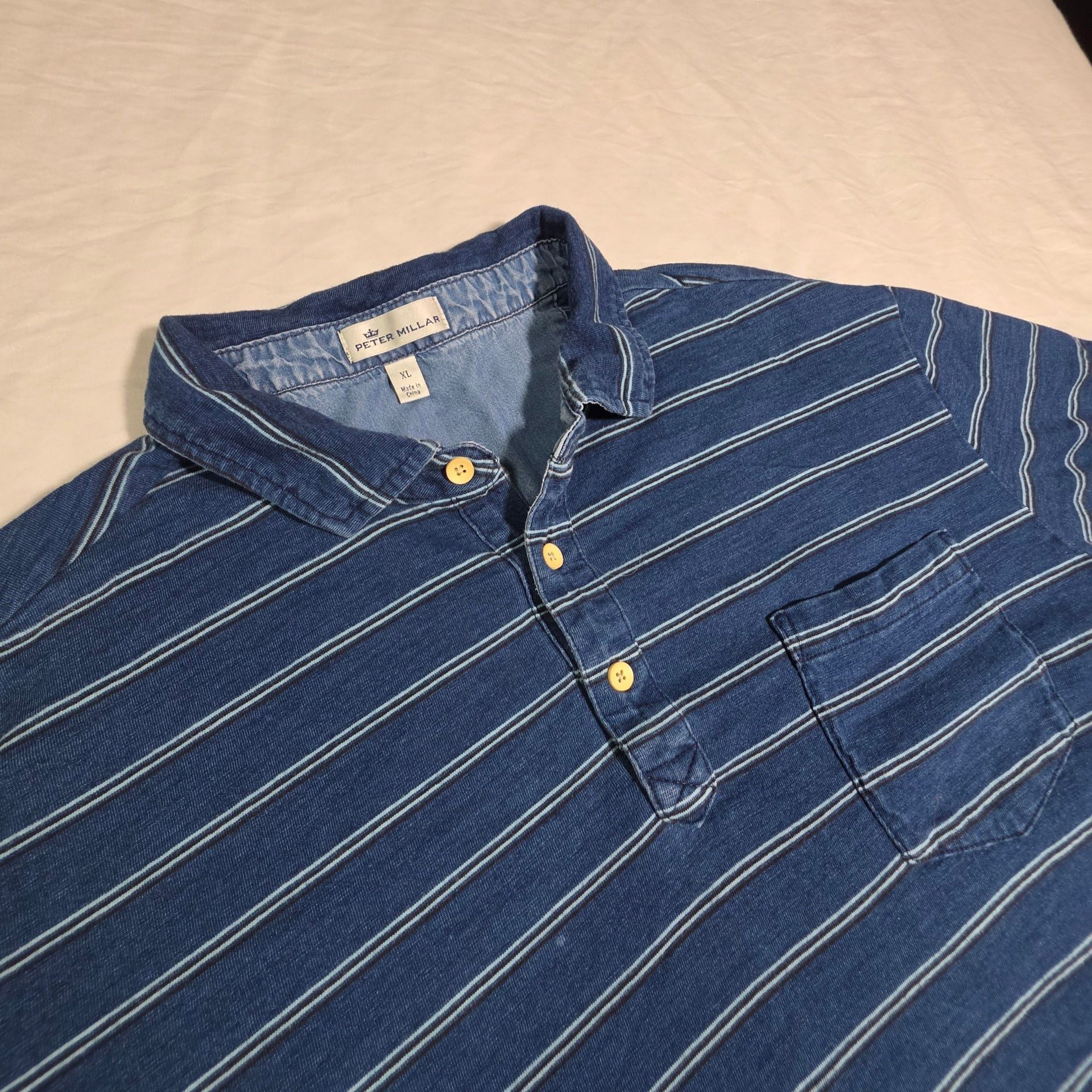 Peter Millar Striped Denim Polo Shirt Size XL Blue 2