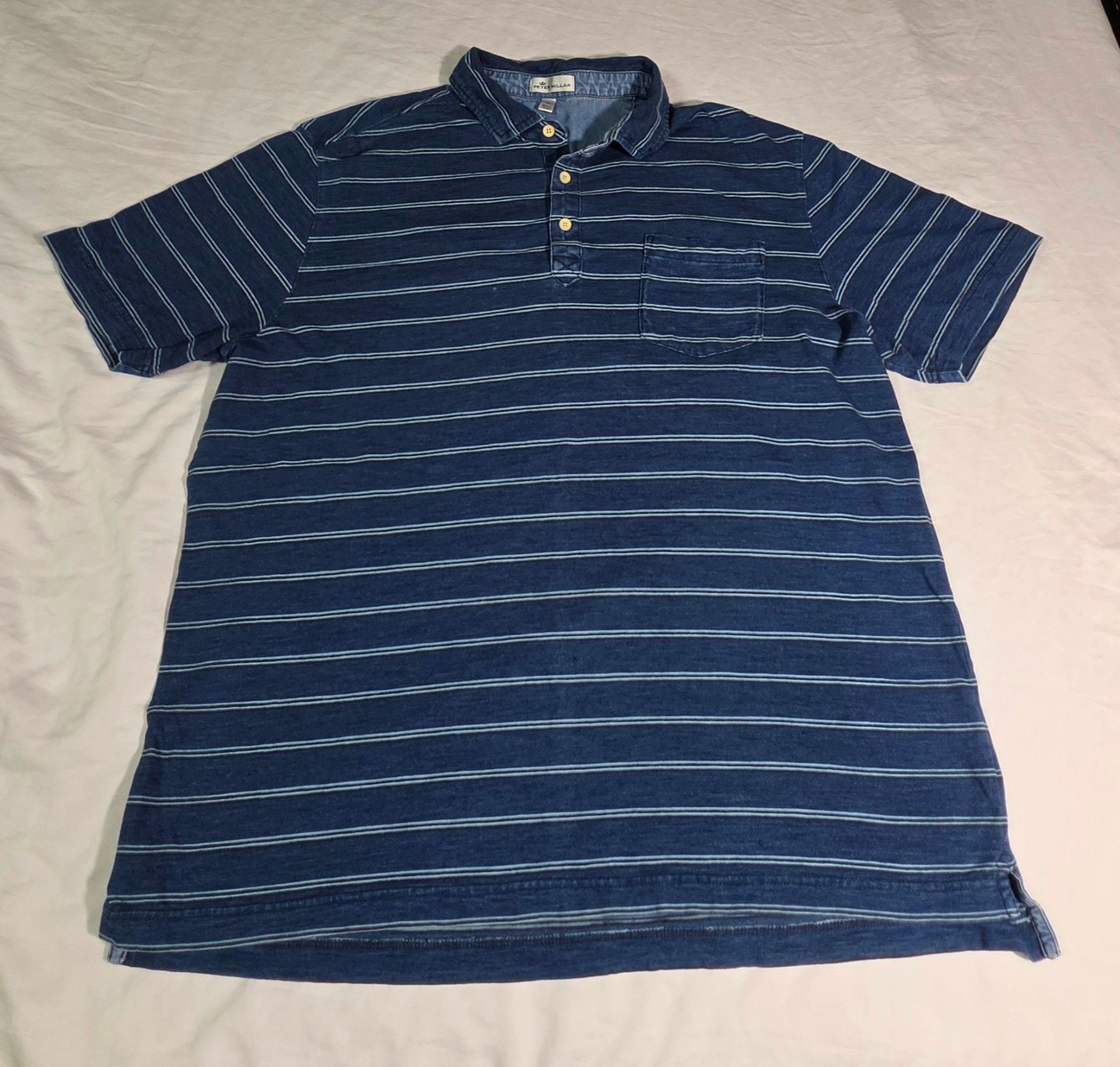 Peter Millar Striped Denim Polo Shirt Size XL Blue 3