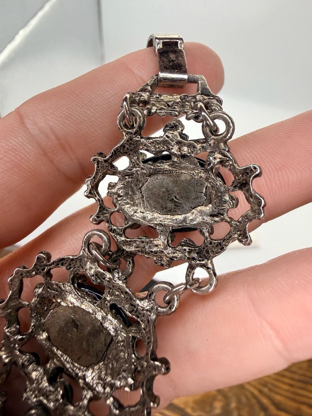 Vintage Ornate Filigree Black Lucite Link Bracelet 6.5 Inch 6