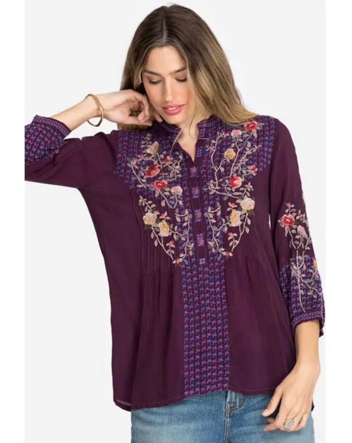 Johnny Was Embroidered Tunic Blouse Size S Plum Purple Floral Boho Dark Romance 2