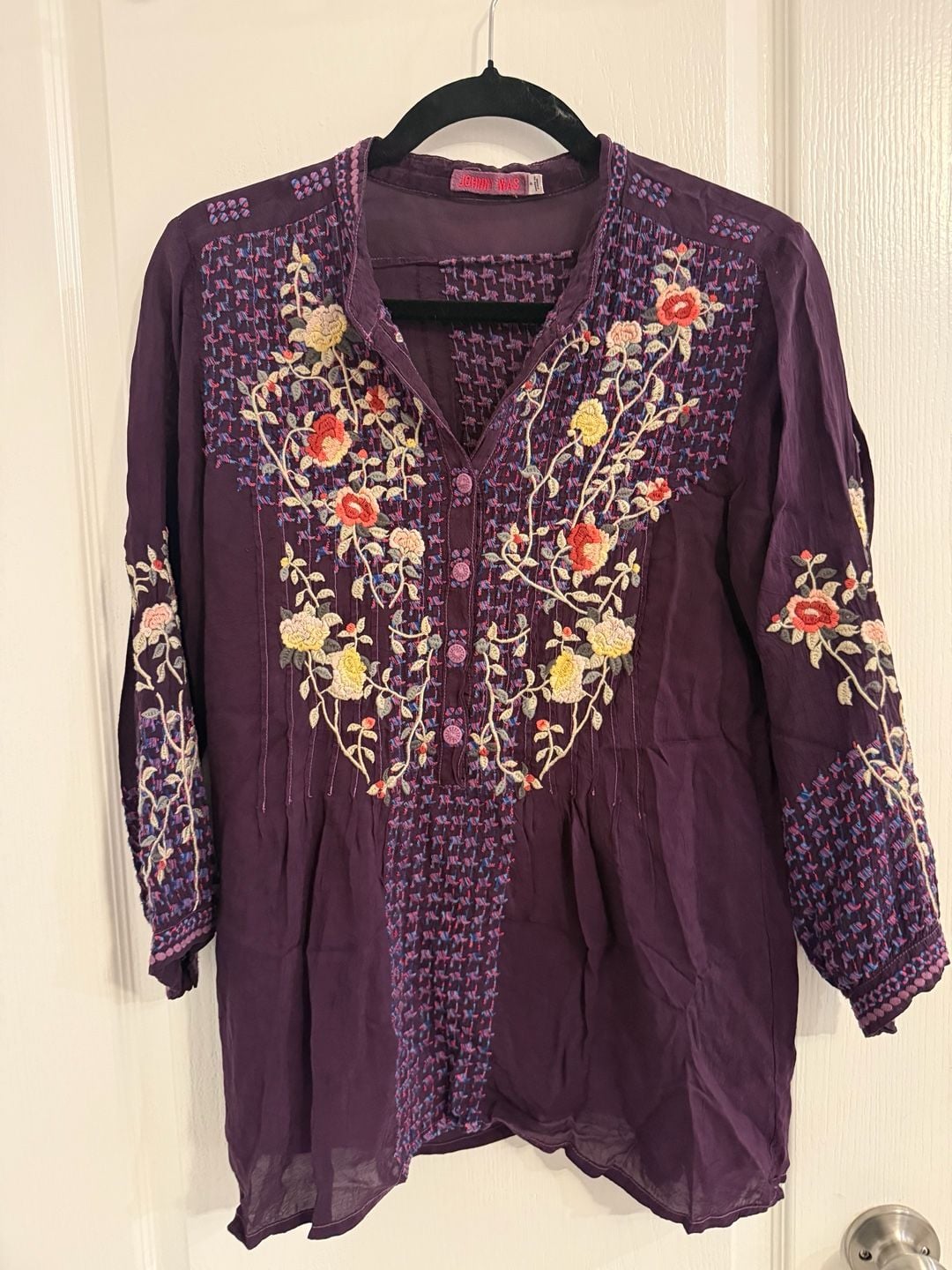 Johnny Was Embroidered Tunic Blouse Size S Plum Purple Floral Boho Dark Romance 3