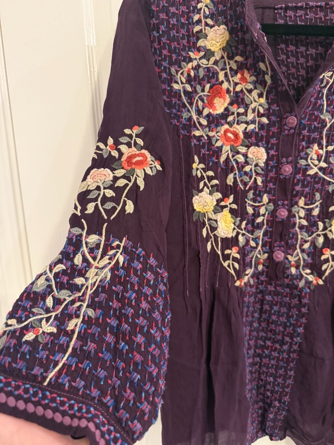 Johnny Was Embroidered Tunic Blouse Size S Plum Purple Floral Boho Dark Romance 4