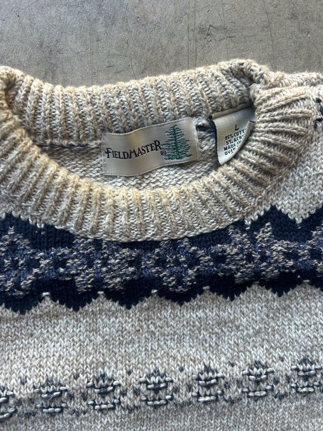 Fieldmaster Fair Isle Sweater Size L Vintage Knit Crewneck Beige Blue 3