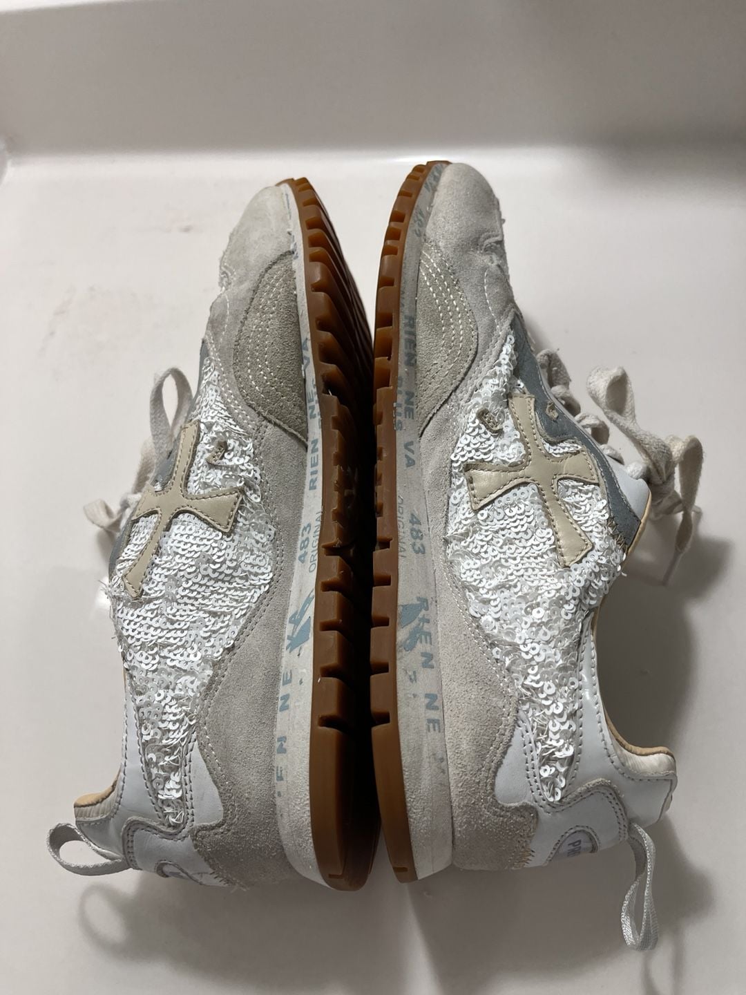 PREMIATA Sequin Sneakers White Silver 8
