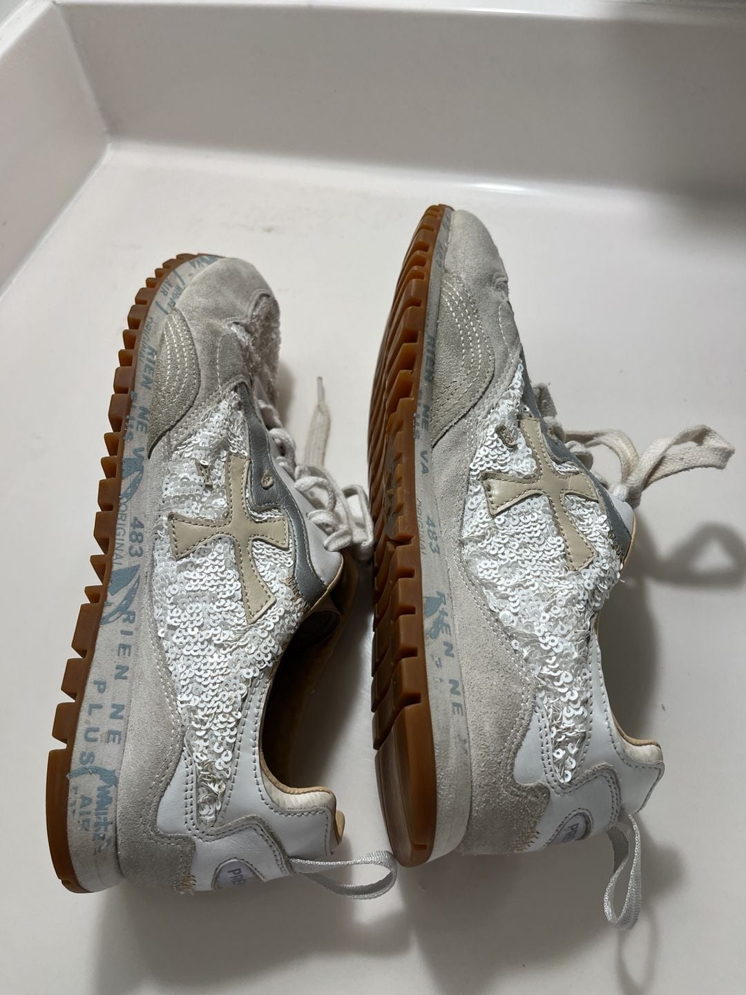 PREMIATA Sequin Sneakers White Silver 9