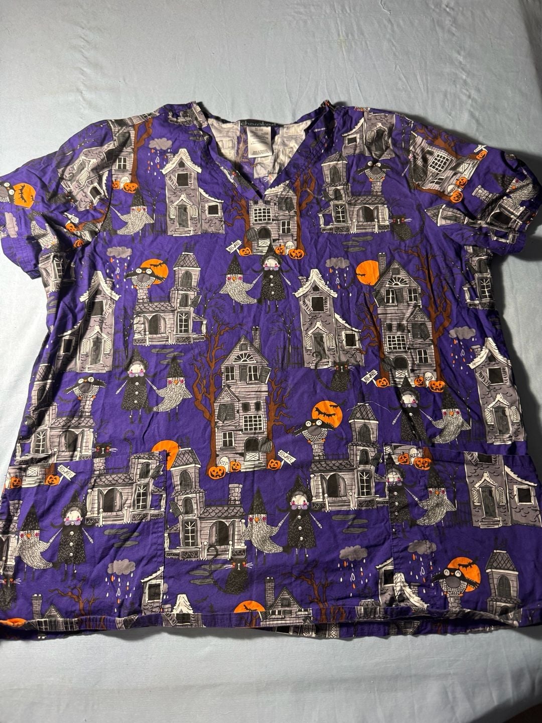 Cherokee Halloween Print Scrub Top 2XL Purple Spooky Houses 2