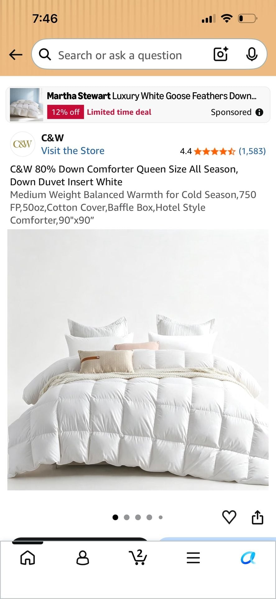 C&W Embrace Down Comforter Queen Size 90x90in White 1
