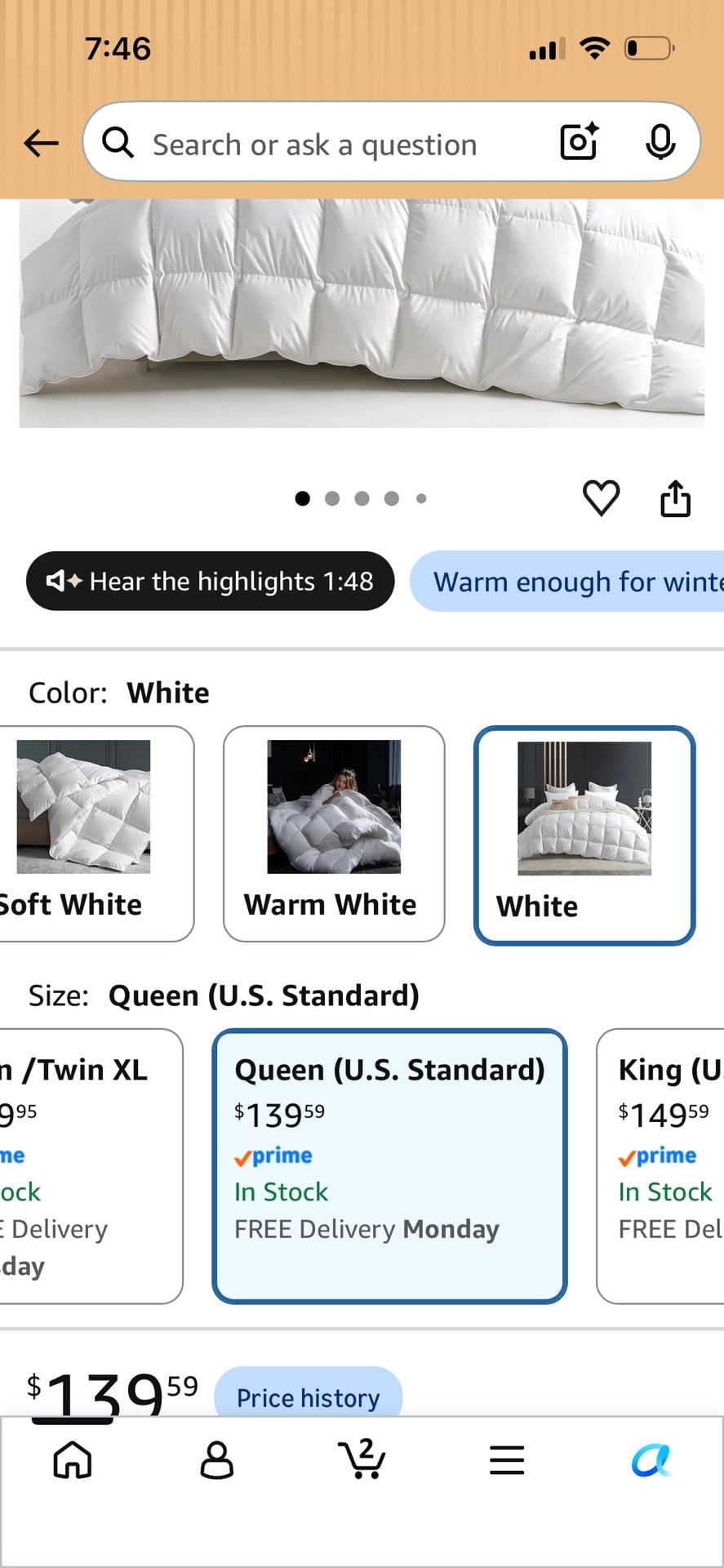 C&W Embrace Down Comforter Queen Size 90x90in White 2